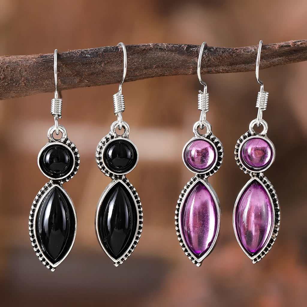 Vintage geometric earrings with black and purple electroplated finish on zinc alloy