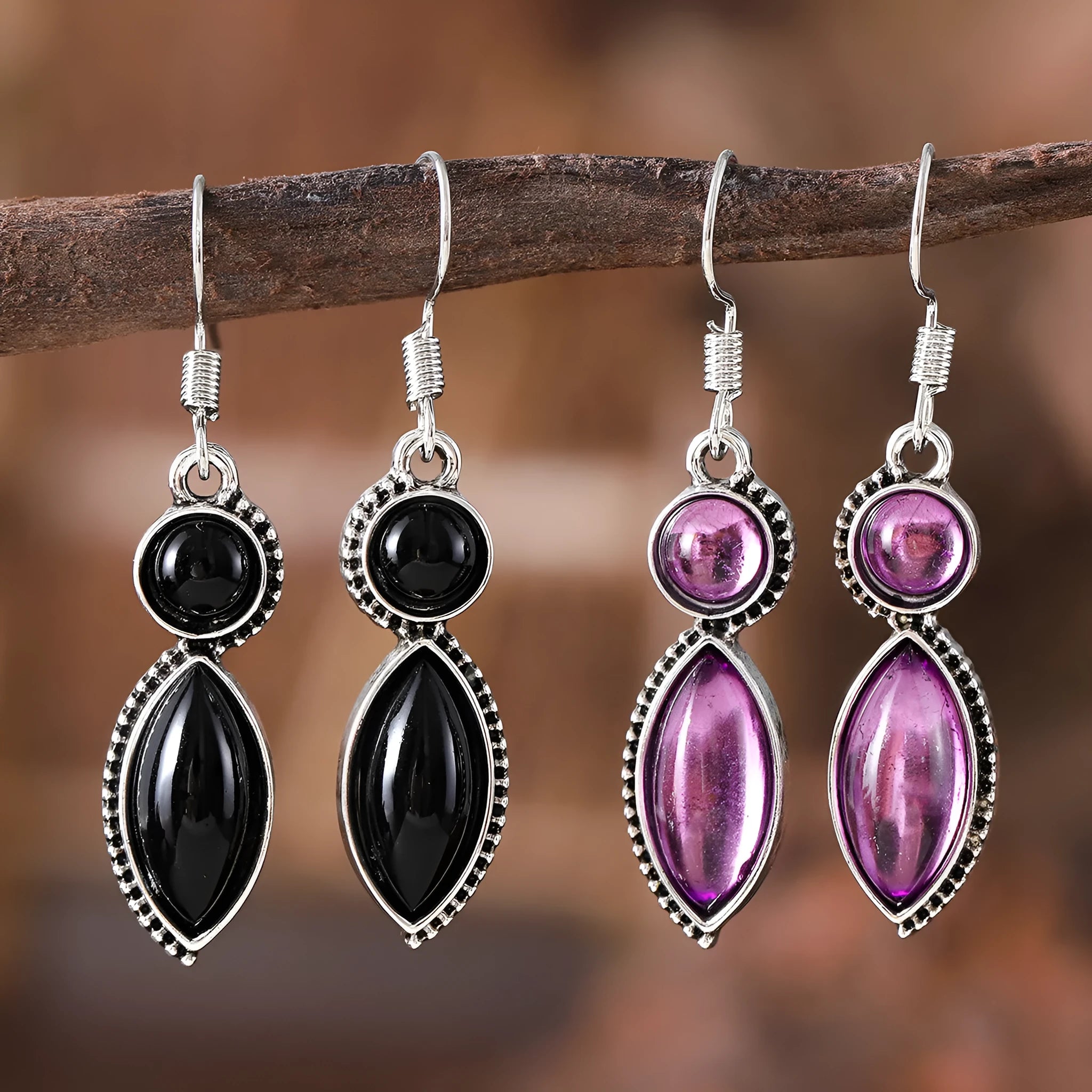 Vintage geometric earrings with black and purple electroplated finish on zinc alloy