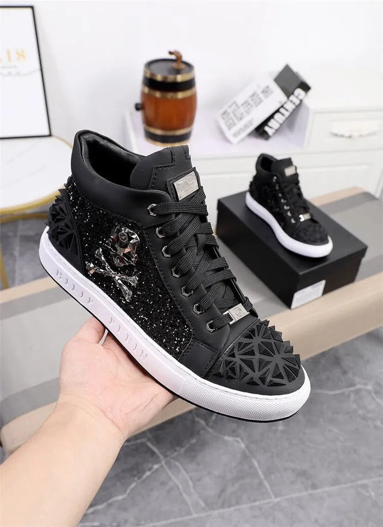 Men's black genuine leather high top skeleton shoes with lace-up front and round toe.