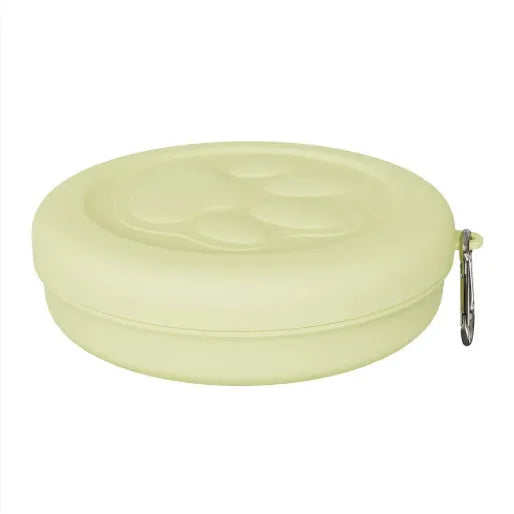Portable dog bowl with snack box compartment in two-tone light green colour