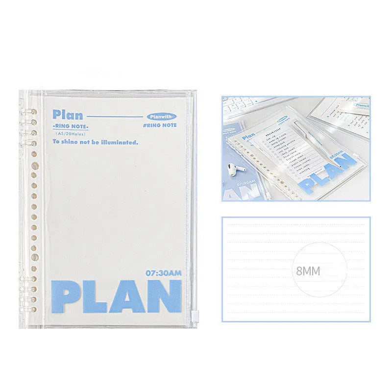 A5 PVC spiral notebook in blue or white colour with spiral binding for loose sheet storage