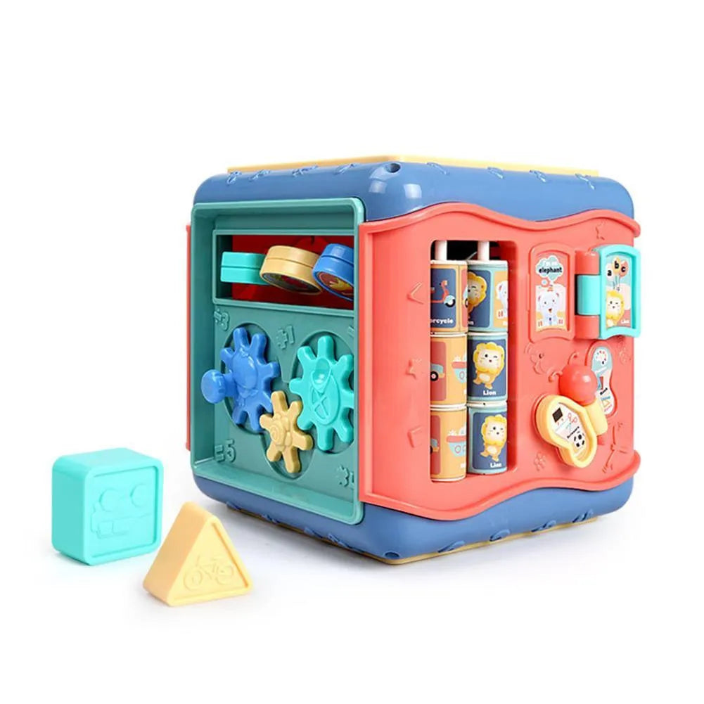 Colourful six-sided Montessori educational activity cube for babies with bead maze and gears
