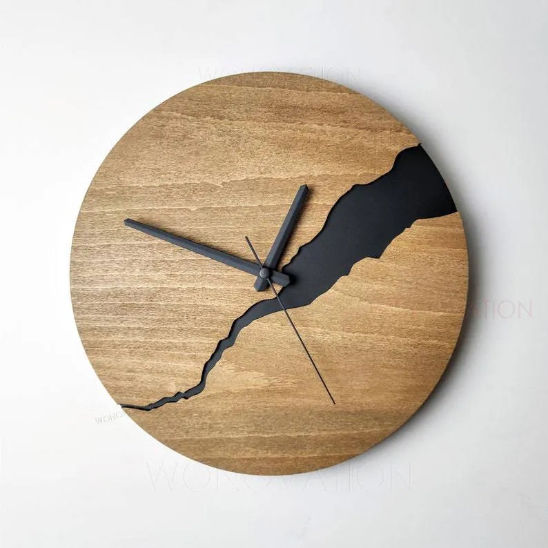 Modern wooden wall clock with creative crack pattern design in colour option