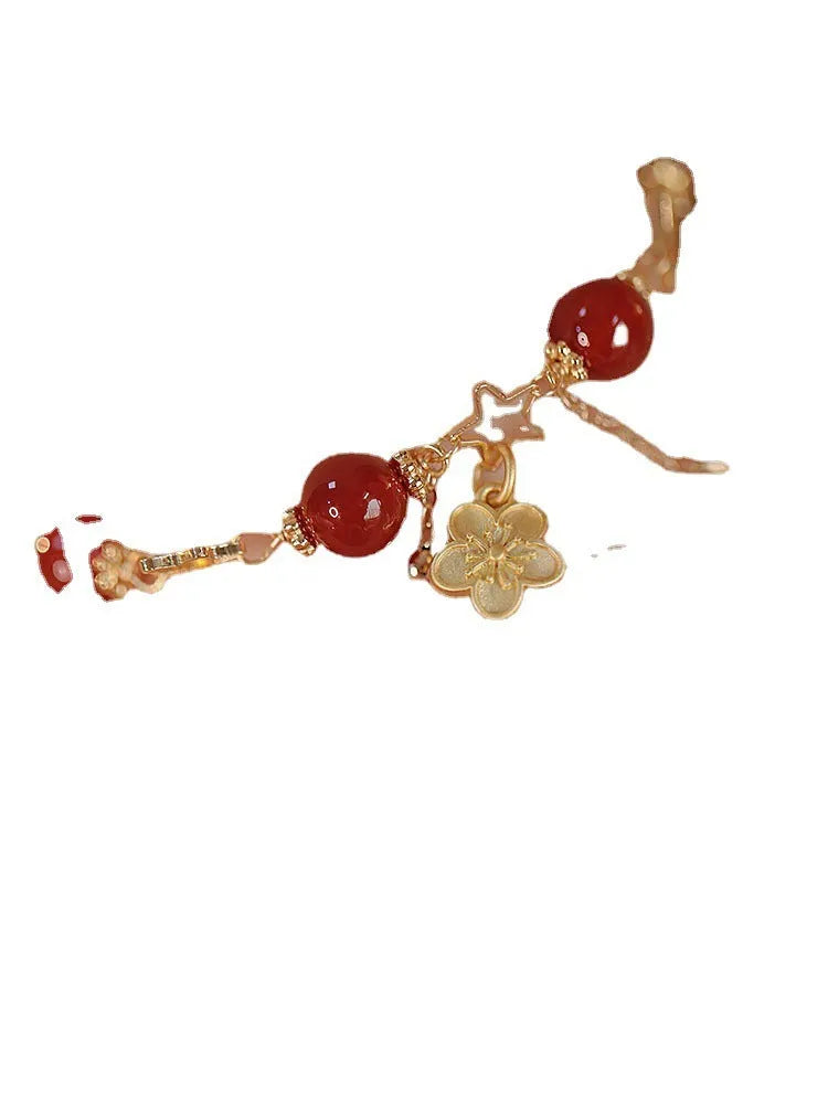 Women's red agate double layer ethnic fashion bracelet with floral peach blossom design elements