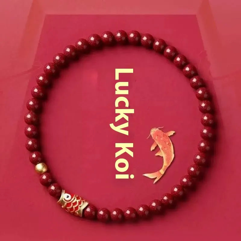 Natural raw ore cinnabar koi bracelet with gold ball model, available in 4mm or 6mm beads, national style.