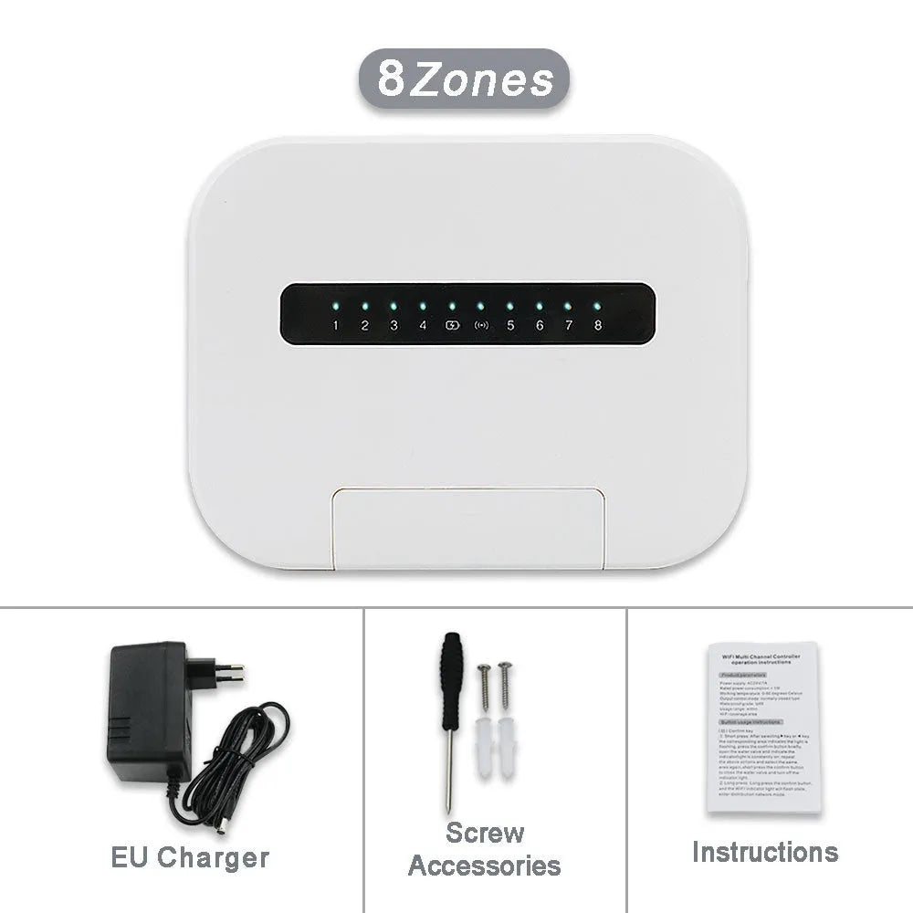8-way smart water valve irrigation controller with wireless bridge and scheduled watering, available in black, gray, green, white