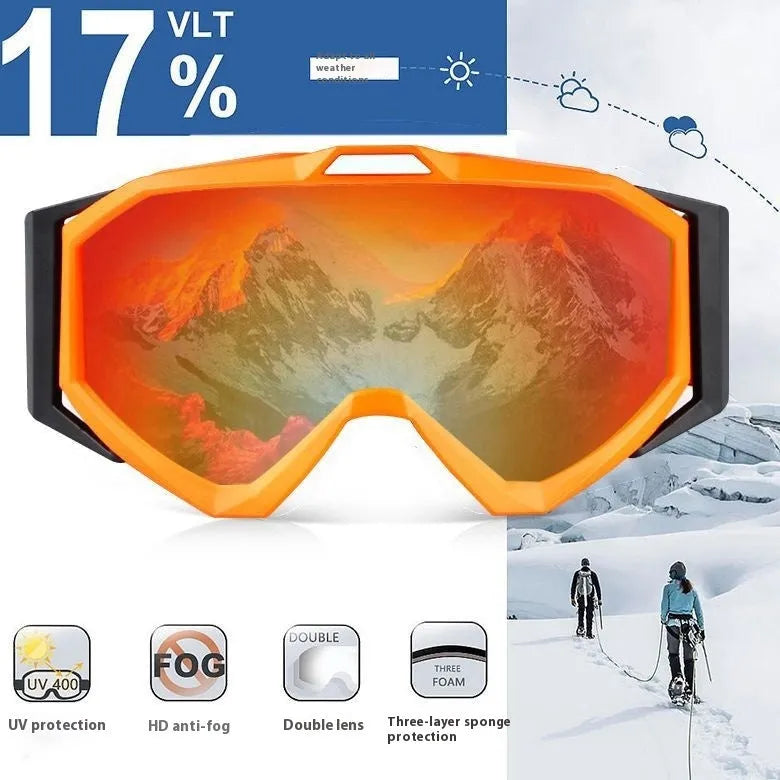 Motorcycle goggles with double layer anti-fog lenses in a black frame with grey film, shown with a storage cloth bag.