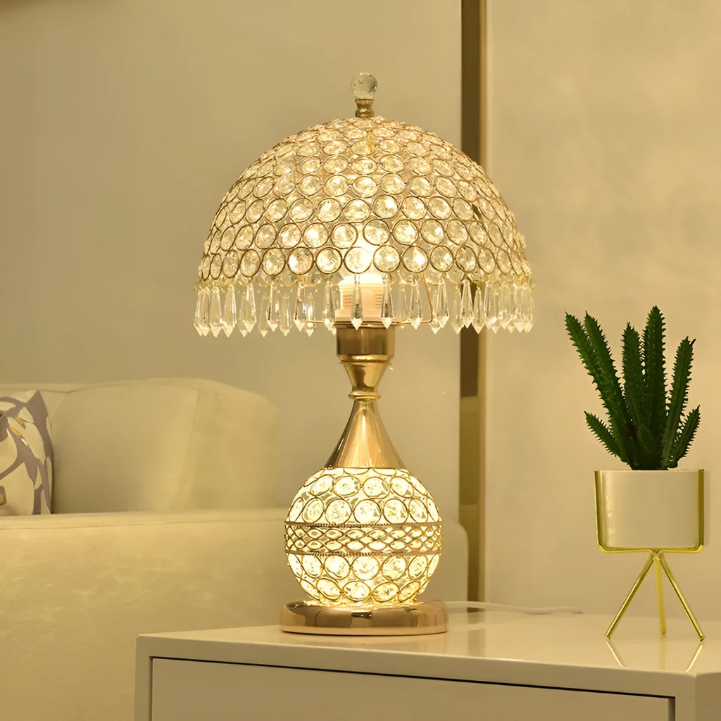 Gold crystal desk lamp on bedside table with remote control, 29x29x30cm iron art base