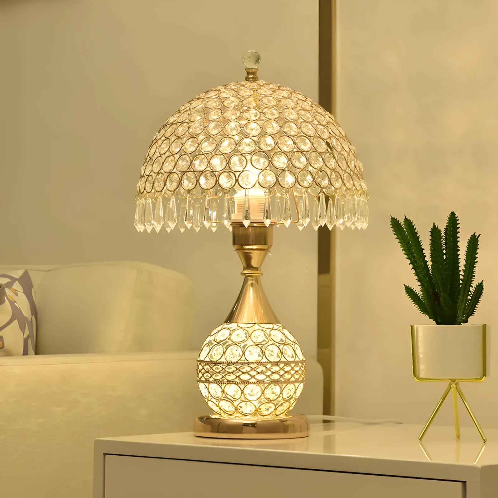 Gold crystal desk lamp on bedside table with remote control, 29x29x30cm iron art base