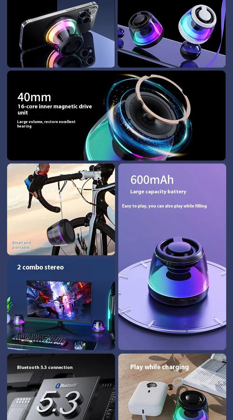 White cylindrical portable Bluetooth speaker with ambience lighting and magnetic base