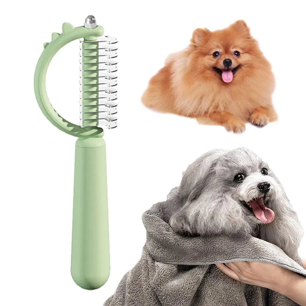 Self-cleaning cat brush with cute dinosaur shape, double-sided stainless steel pins, blue colour option