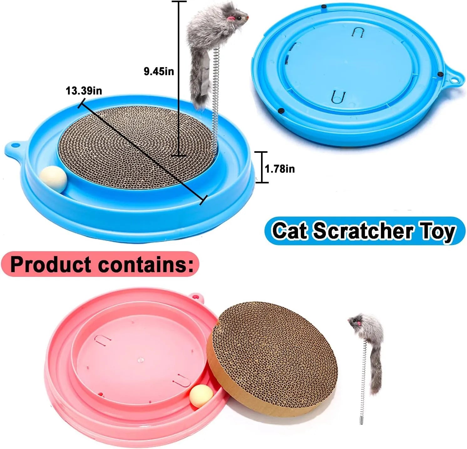 Blue interactive cat scratcher with ball track and replaceable corrugated cardboard scratching surface