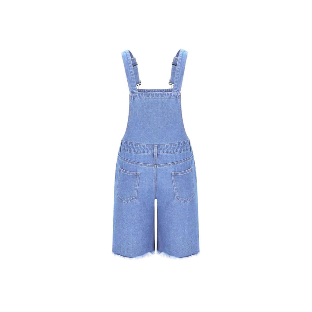 Men's ripped denim suspender shorts in dark blue, straight-leg mid-waist cotton casual wear