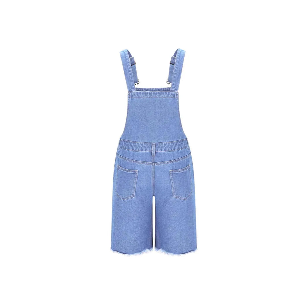 Men's ripped denim suspender shorts in dark blue, straight-leg mid-waist cotton casual wear