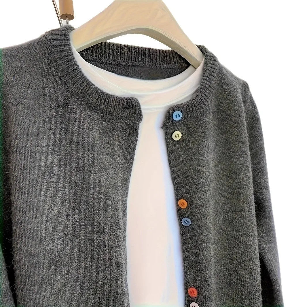 Dark grey women's button-front cardigan sweater with long sleeves for office wear