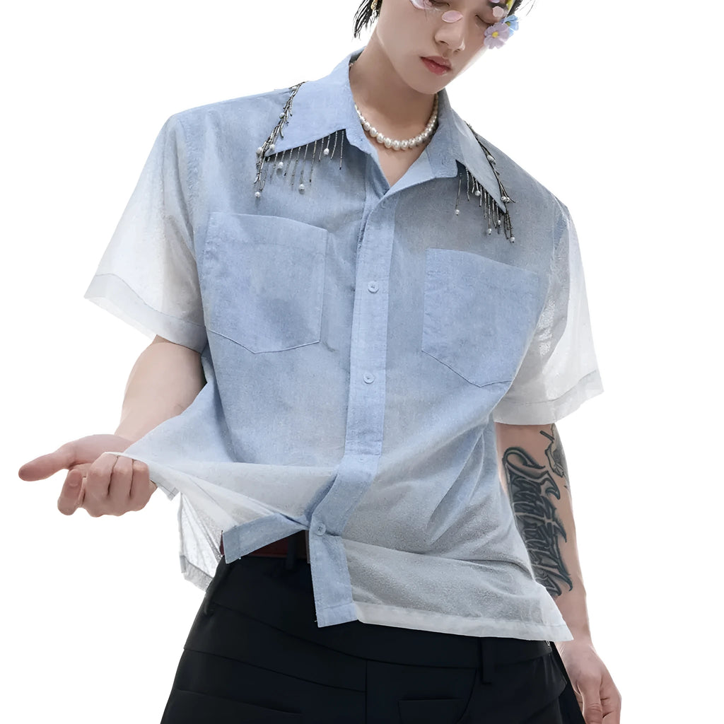 Men's blue and white gradient short sleeve shirt with quilted detail and loose fit style