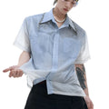 Men's blue and white gradient short sleeve shirt with quilted detail and loose fit style