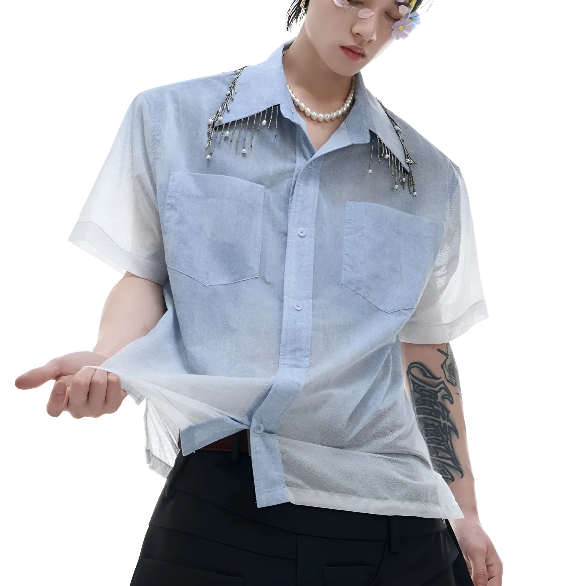 Men's blue and white gradient short sleeve shirt with quilted detail and loose fit style