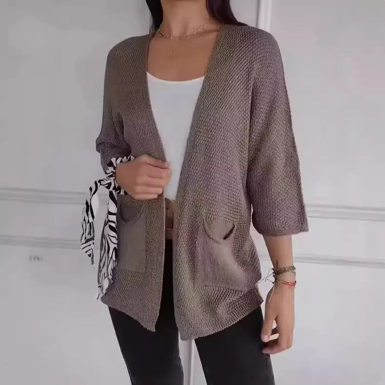 Women's waffle texture cardigan coat with nine-quarter length sleeves in army green colour