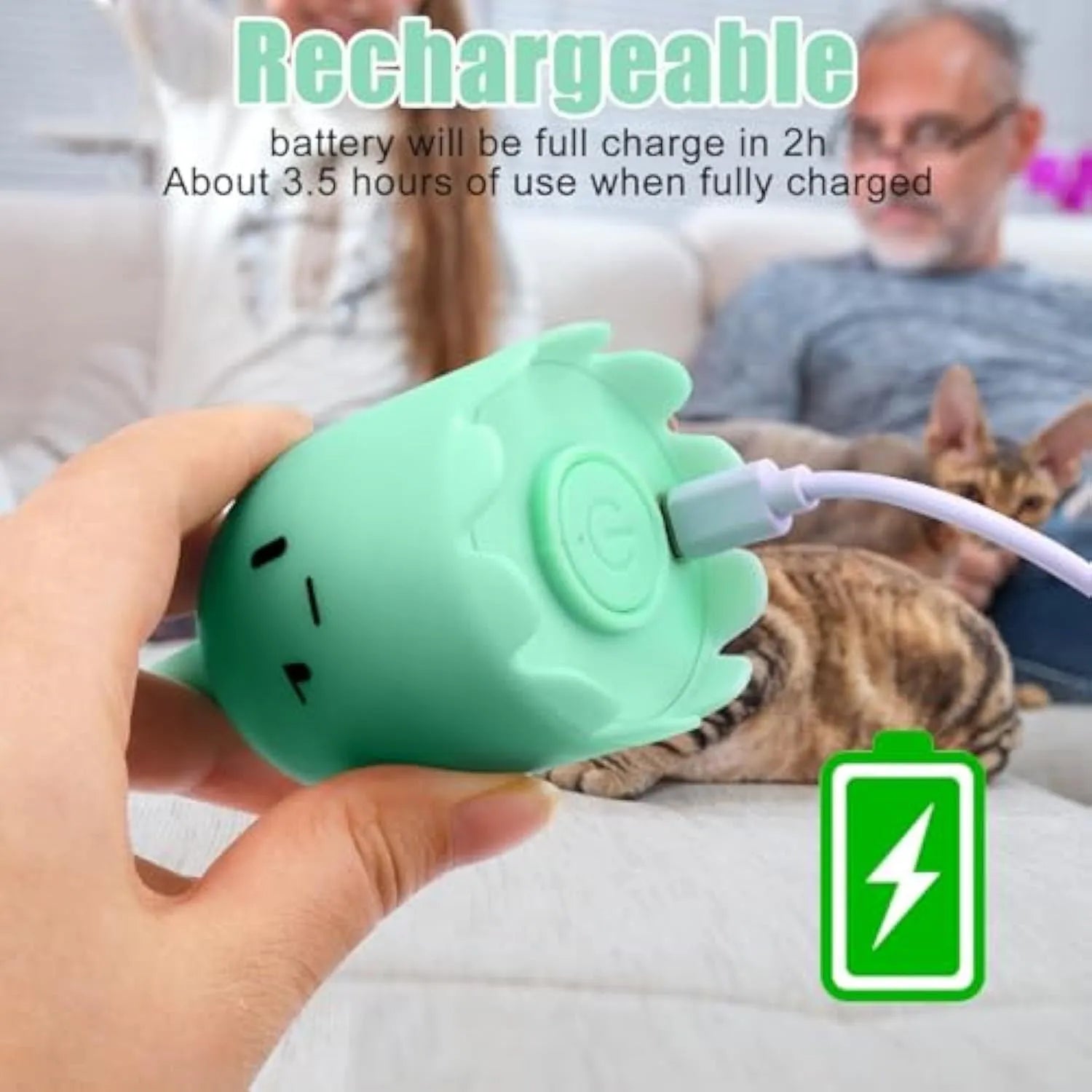Green electronic cat toy with silicone swinging tail on 38cm wand for indoor cat entertainment