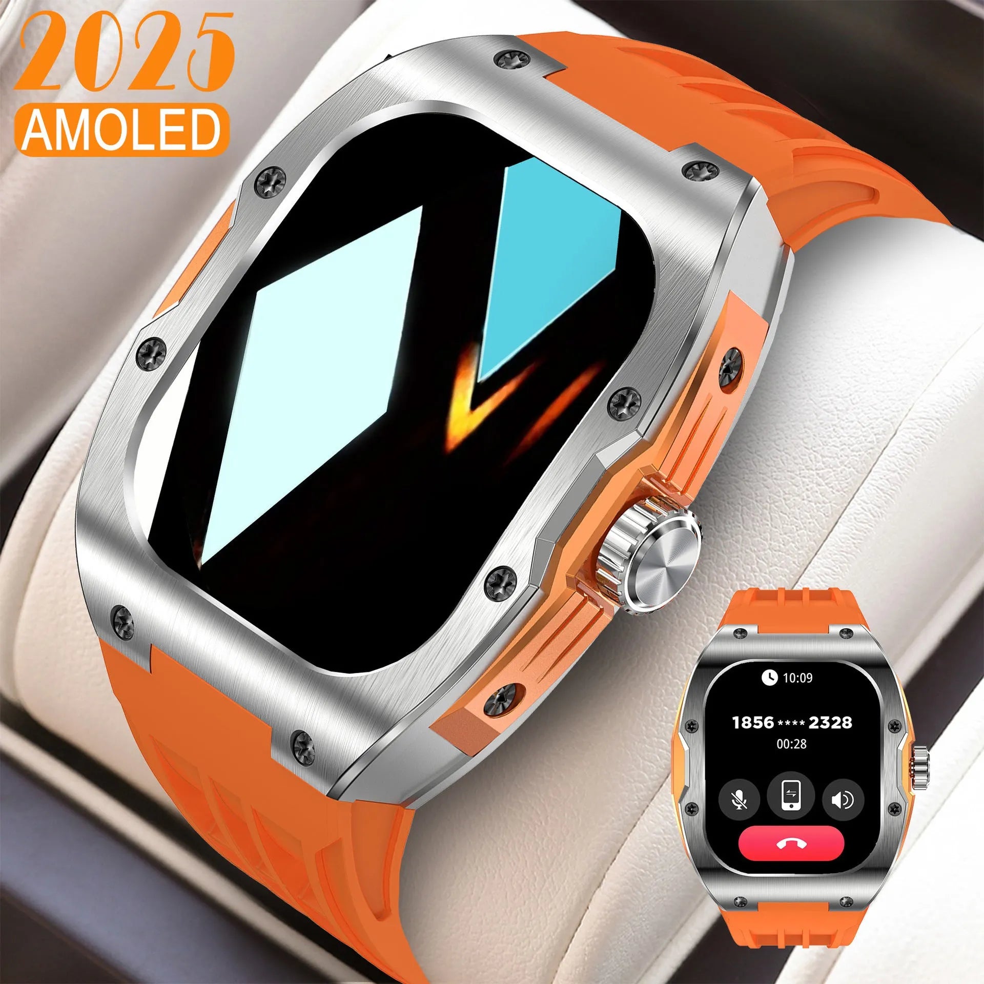 AMOLED smart watch for men with black and blue tape tab strap, showing Bluetooth calling and fitness tracking features.