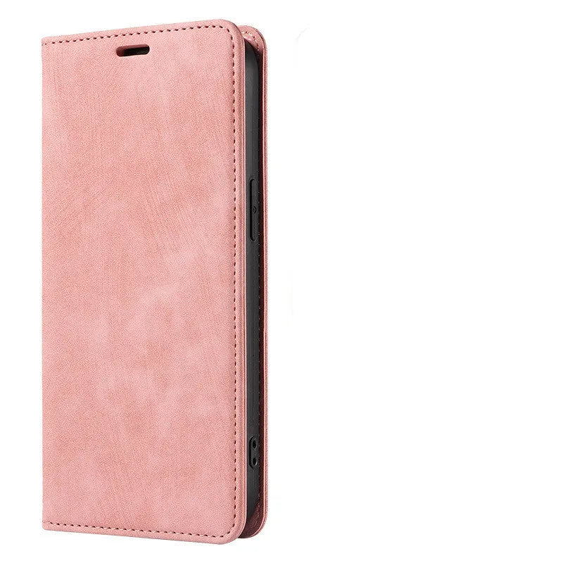 Magnetic flip phone case for iPhone in various colours showing TPU and leather construction
