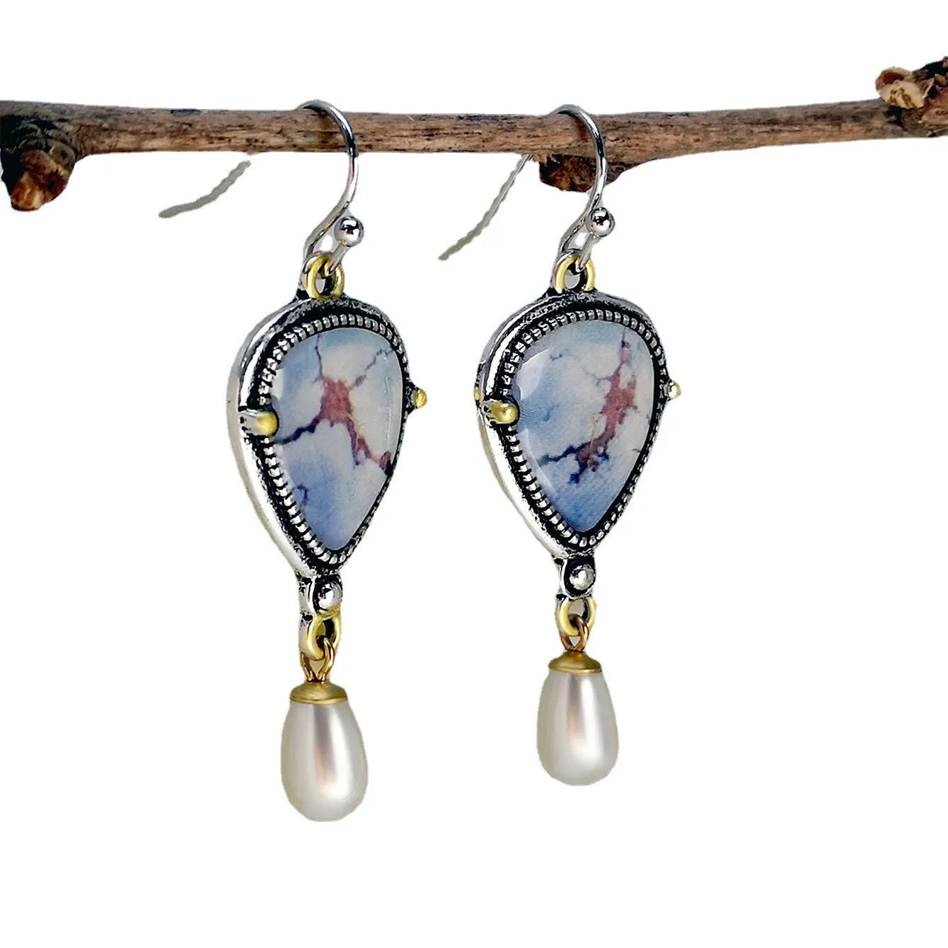 Retro blue electroplated drop earrings with synthetic blue opal and white pearl accents, Bohemian geometric design.