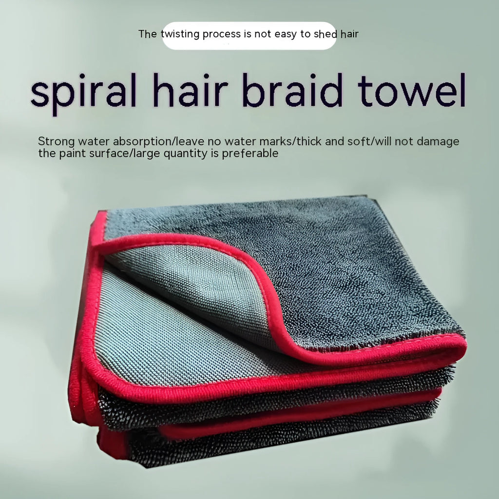 Microfibre automobile cleaning cloth car wash towel with spiral hair and hemmed edge, grey black edge, multi-size option