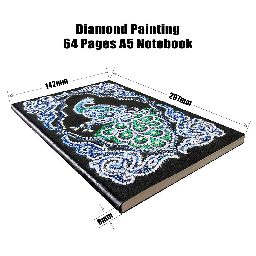Peacock Beauty diamond painting notebook A5 size with shaped and bright drill decoration on black cover
