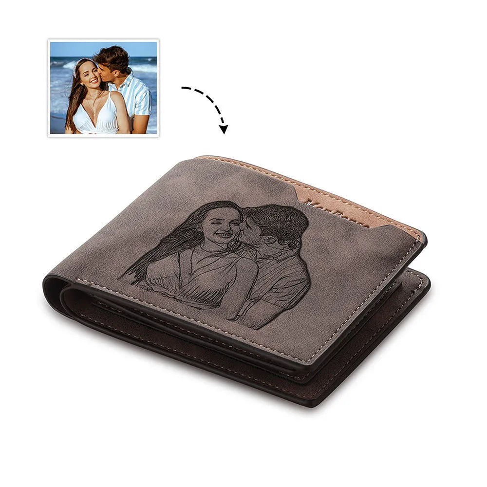 Coffee coloured PU leather engraved wallet showing personalisation panel, closed dimensions 120mm by 99mm.