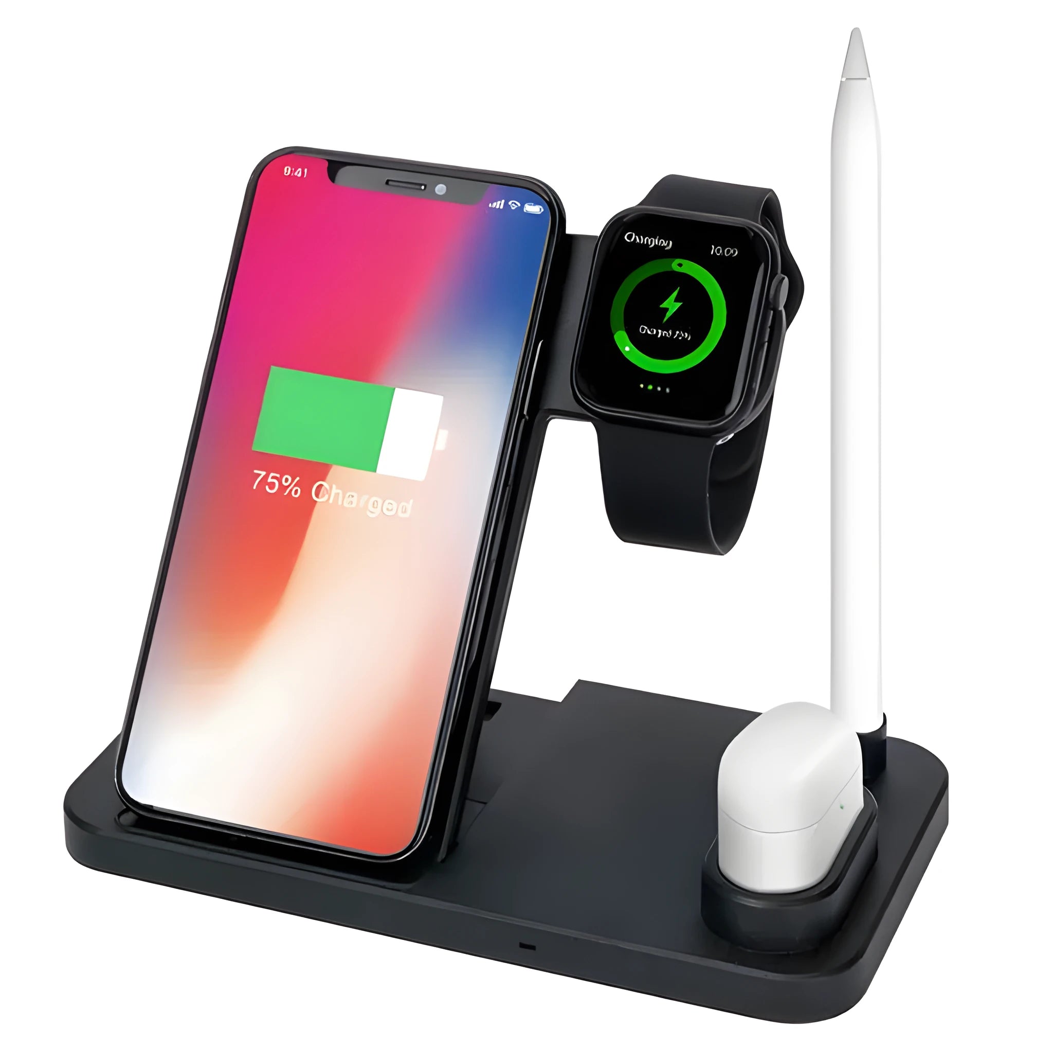 Foldable 4-in-1 wireless charging station for iPhone, Apple Watch, AirPods and Apple Pencil on a desk