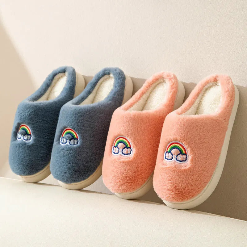 Kawaii rainbow embroidered plush slippers with rubber sole, wrapped toe, round heel, available in multiple colours