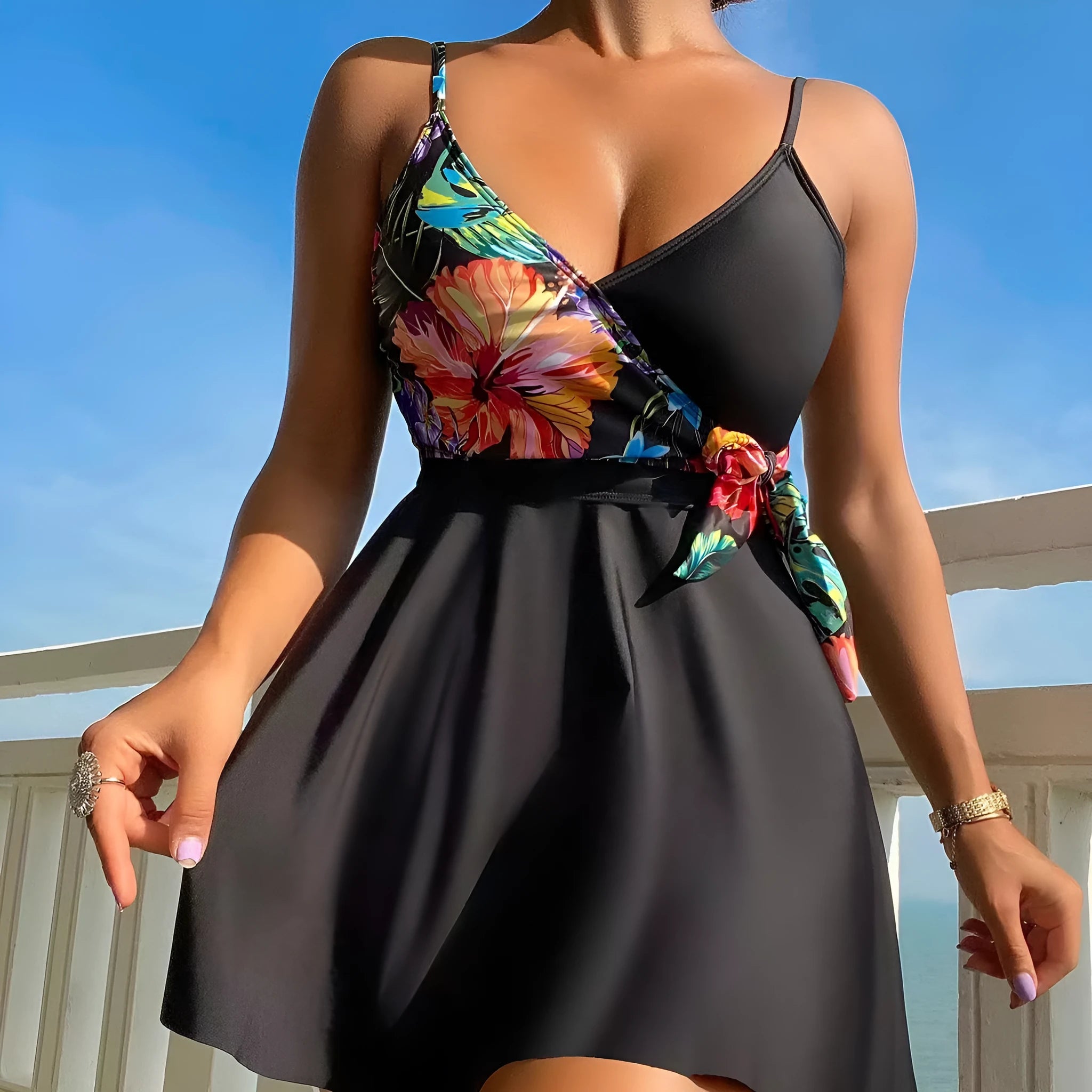 Black women's high waist printed split bikini briefs for sports and swimming