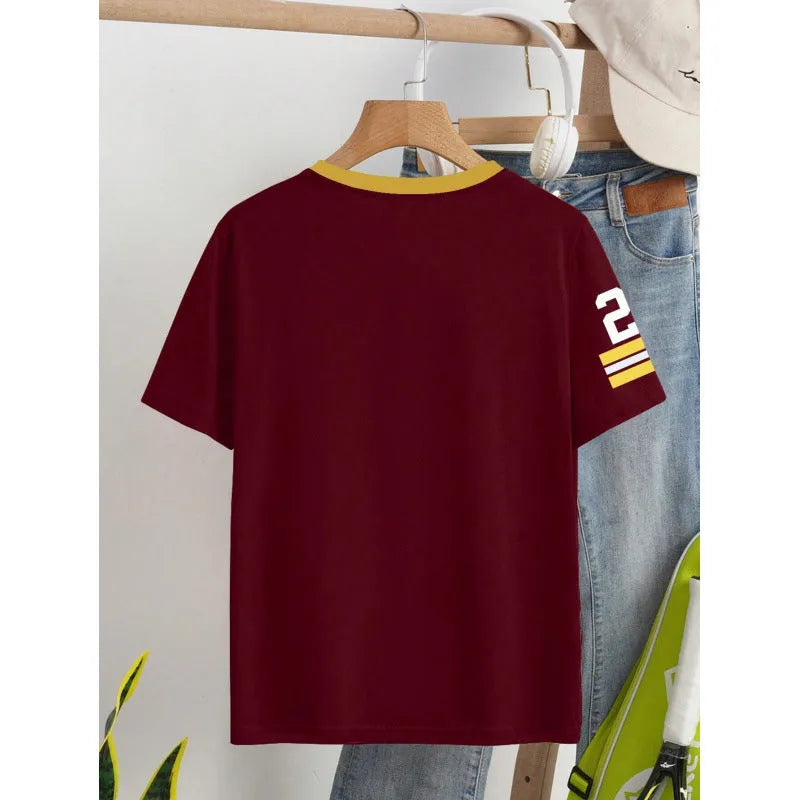 Cotton casual t-shirt with digital printed letter pattern in red colour option