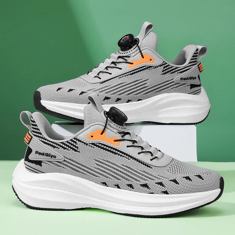 Men's low-top sports shoes with fly-knit mesh upper and rotating buckle fastening in black colour