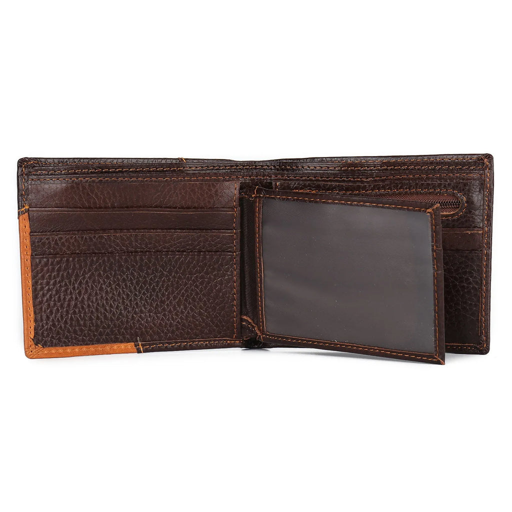 Men's brown leather wallet with contrast stitching, open to show card slots, bill compartment, and a zippered section.