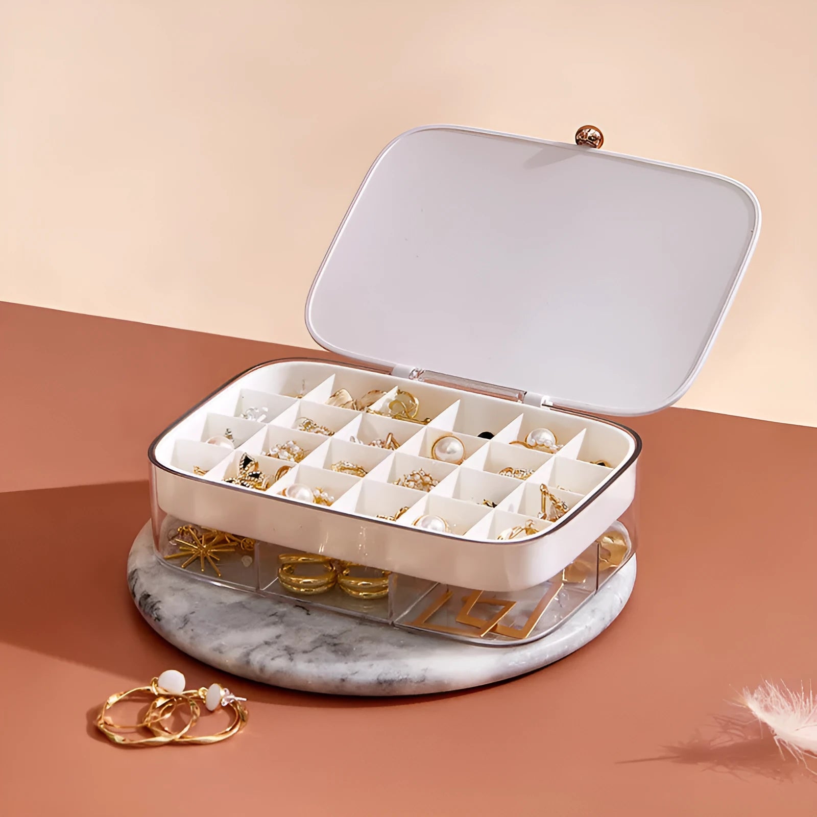 Modern minimalist jewelry storage box with multi-layer organisation in green colour