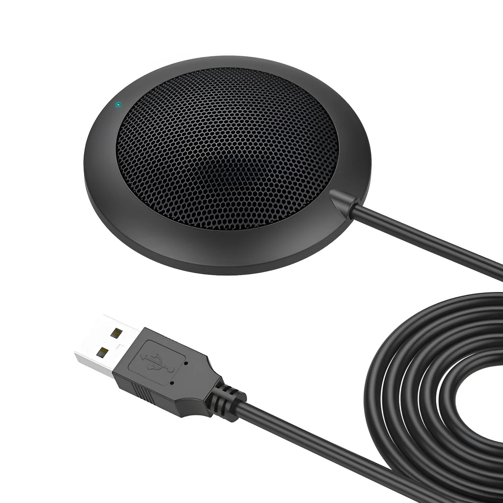Black 360 degree omnidirectional USB microphone with zinc alloy shell and metal mesh cover on a desk
