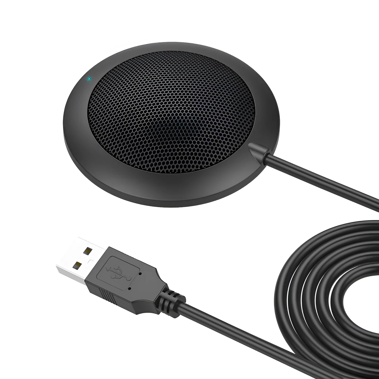 Black 360 degree omnidirectional USB microphone with zinc alloy shell and metal mesh cover on a desk