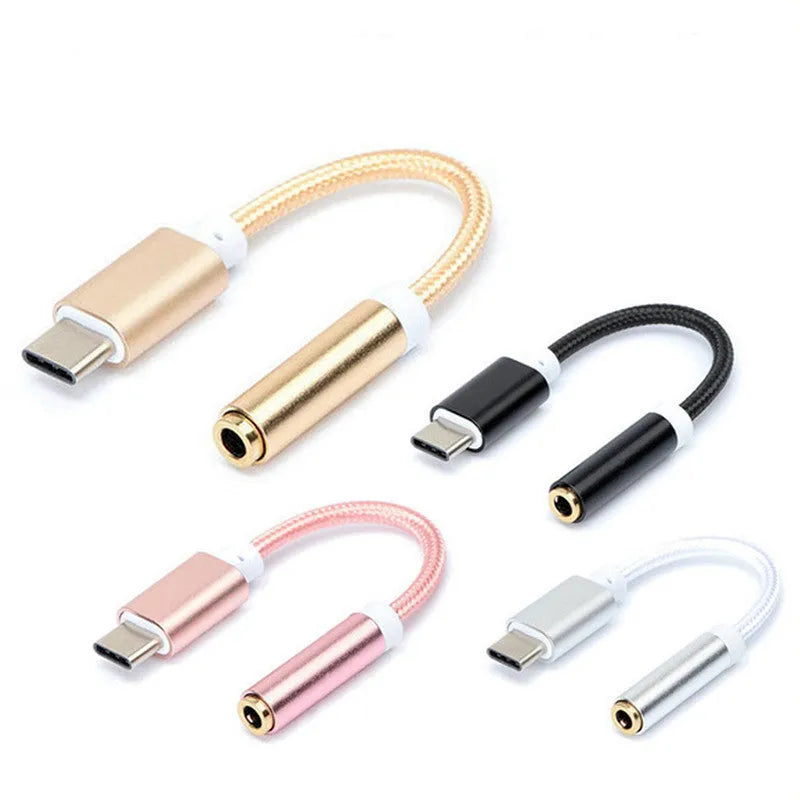 Black nylon-braided Type-C to 3.5mm female headphone adapter cable.