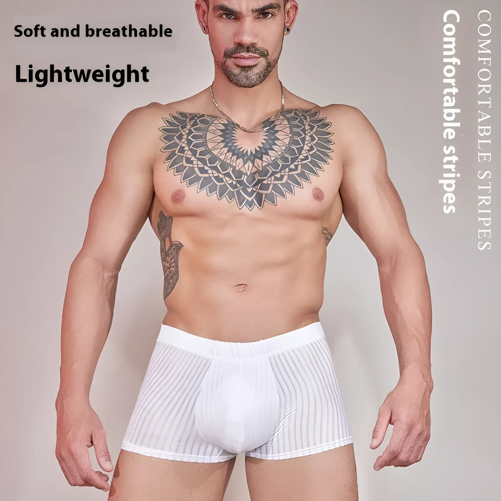 Men's thin striped nylon underwear in black, shown flat.