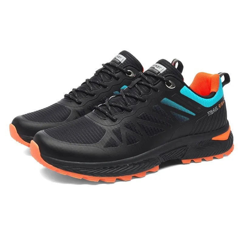 Men's black breathable mesh running shoes with round toe and flat rubber sole on a white background.