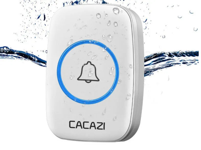 Wireless doorbell kit with plug-in receiver and battery-powered transmitter showing 300m range and 36 melody options