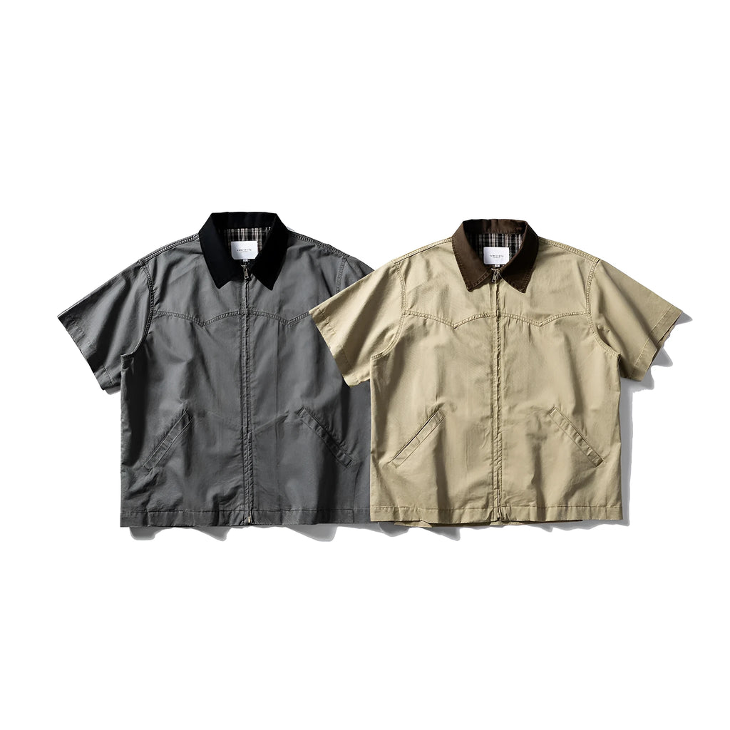 Men's khaki cotton short-sleeve overalls shirt with cardigan front and loose fit