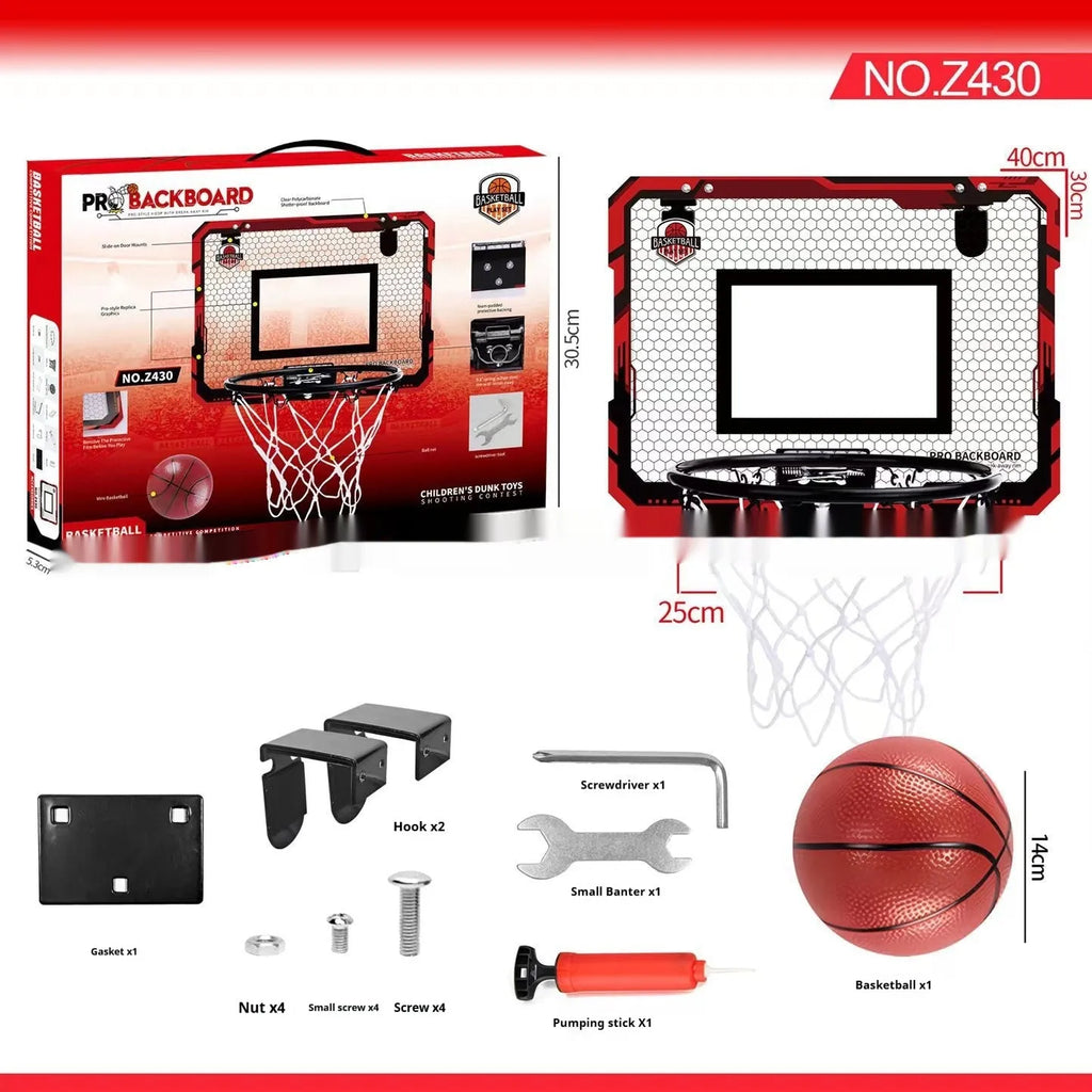 Red folding basketball frame with suction cups mounted on wall showing dual-use iron hook design