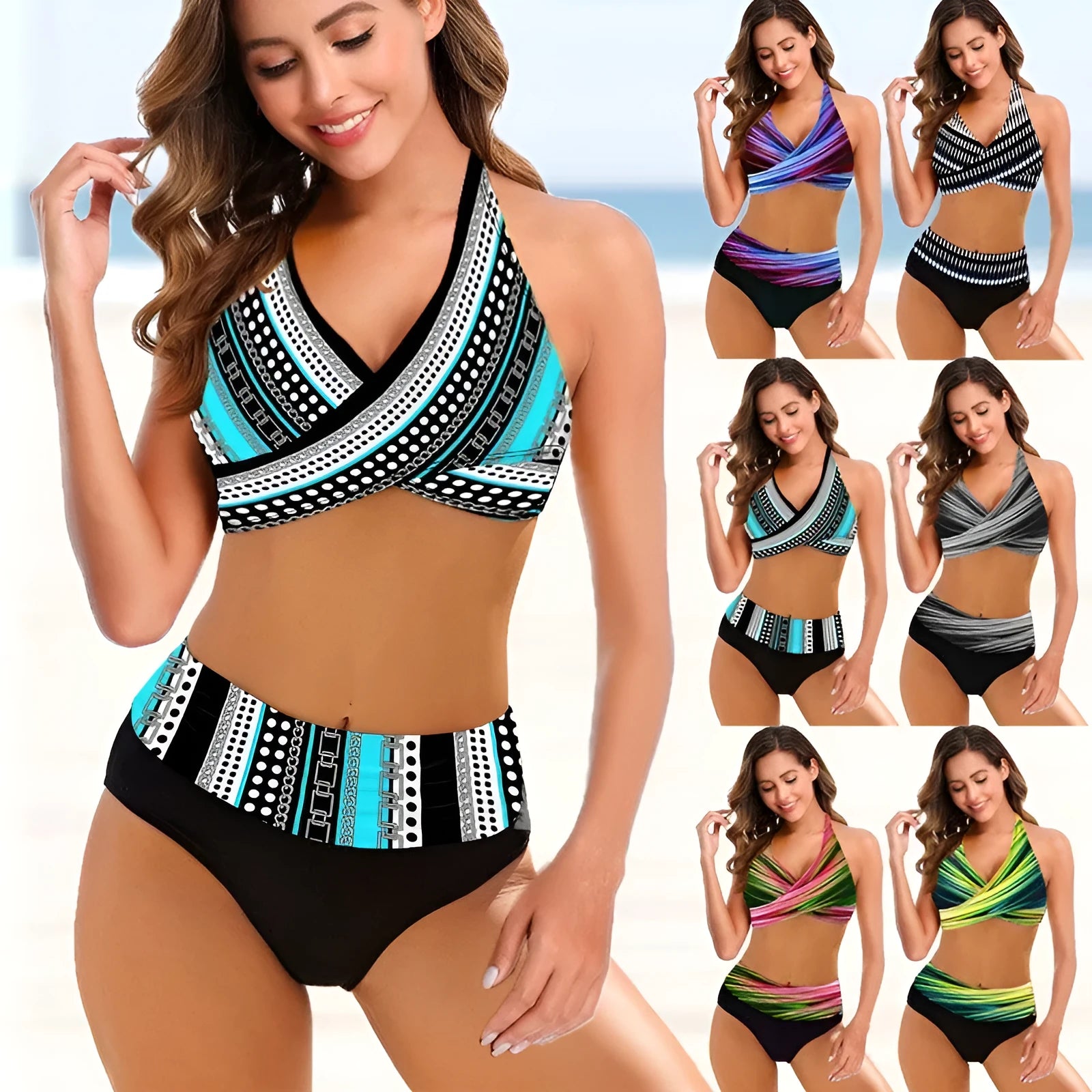 Women's striped tie-dye hollow back bikini with high-waisted briefs in multiple colour options