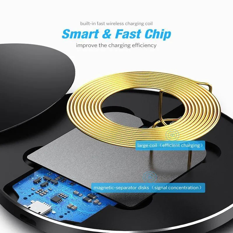 Black ultra-thin QI wireless fast charging pad with 98mm square dimensions and slim profile