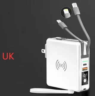 Black and white 10000mAh power bank with wireless charging surface and foldable plug