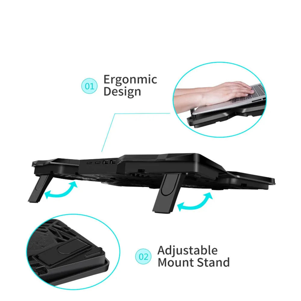 Blue laptop cooling pad with four LED fans and USB ports on a desk