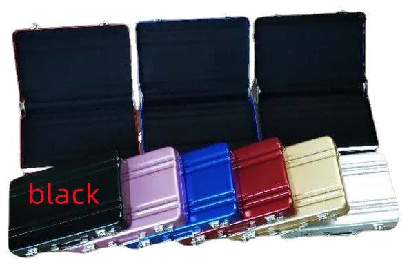 Slim aluminium metal card holder in six colours: red, blue, black, silver, pink, and gold.